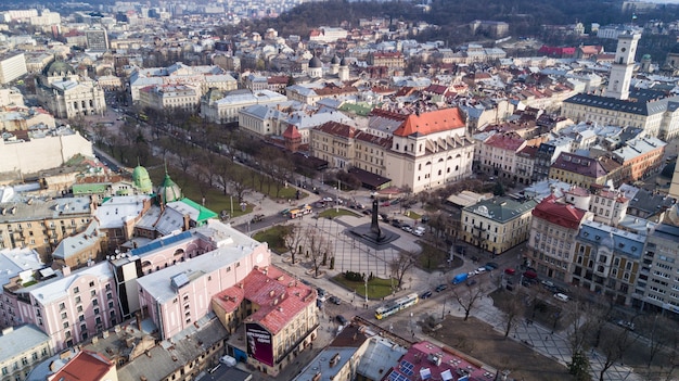 Aerial view of the historical center of Lviv, Ukraine.