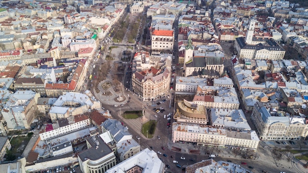 Aerial view of the historical center of Lviv, Ukraine.