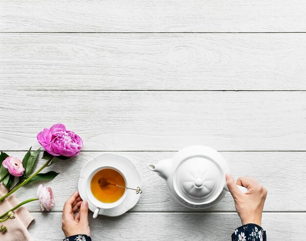 Aerial view of hot tea drink break and relaxation concept with copy space