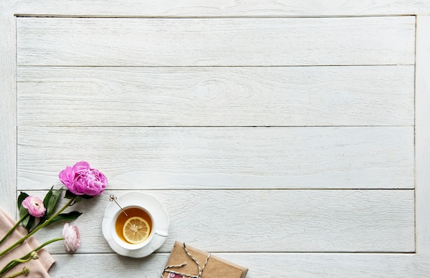 Aerial view of hot tea drink break and relaxation concept with copy space