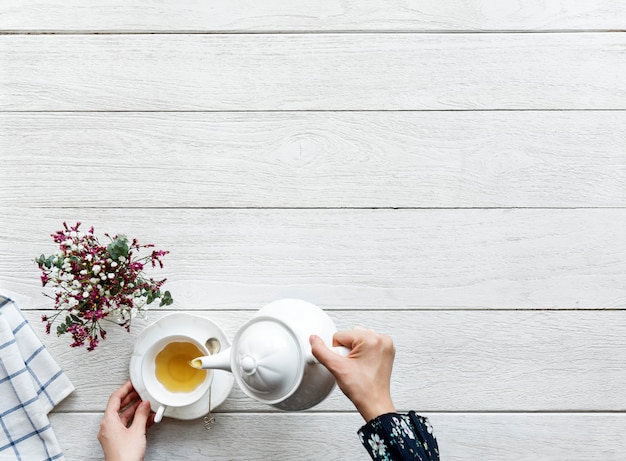 Aerial view of hot tea drink break and relaxation concept with copy space