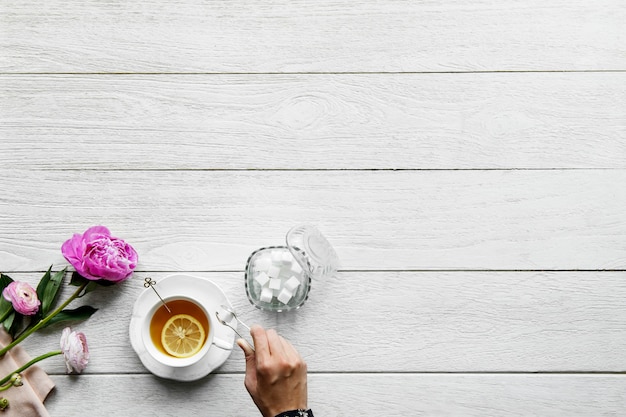 Aerial view of hot tea drink break and relaxation concept with copy space