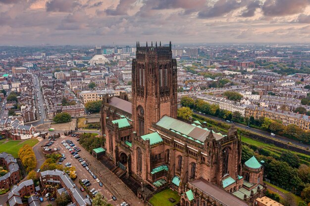 Aerial view of the liverpool cathedral or the cathedral church of the risen christ in liverpool, uk