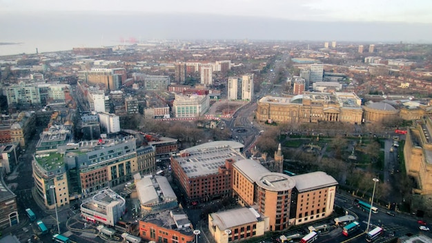 Aerial view of the Liverpool from a view point United Kingdom Old and modern buildings