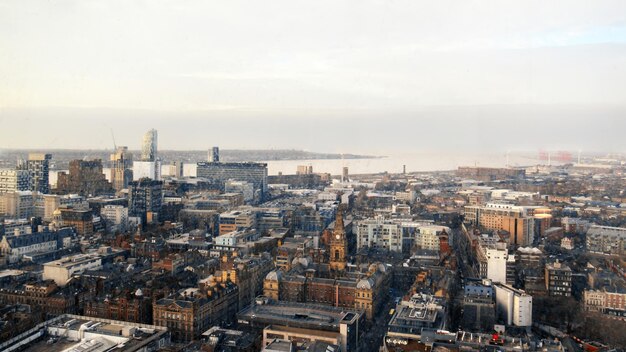 Aerial view of the Liverpool from a view point United Kingdom Old and modern buildings