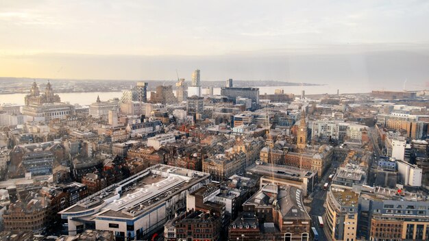 Aerial view of the Liverpool from a view point United Kingdom Old and modern buildings