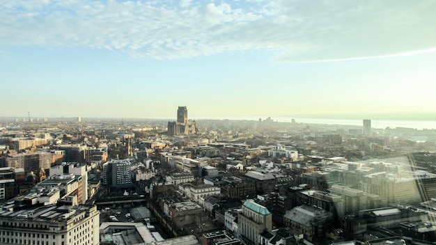 Aerial view of the Liverpool from a view point United Kingdom Old and modern buildings