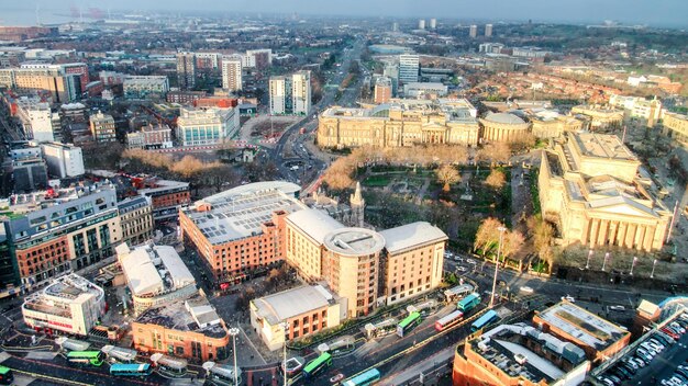 Aerial view of the Liverpool from a view point United Kingdom Old and modern buildings