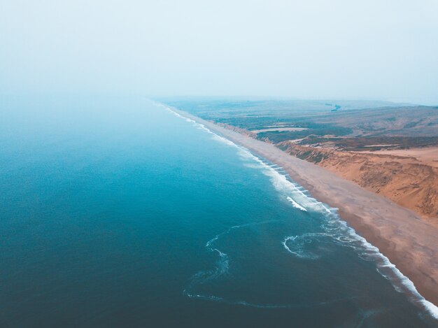Aerial view of a long coastline of the famous Point Reyes national park in California