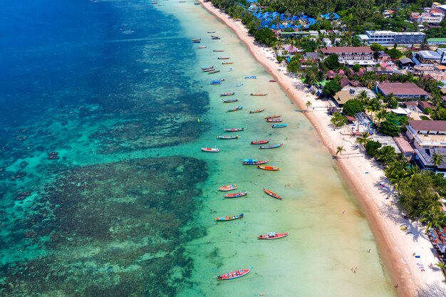 Aerial view of Long tail boats on the sea at Koh Tao island, Thailand