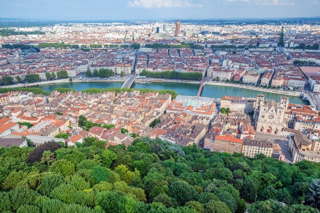 Aerial view at Lyon from Basilique de Fourviere hill. France