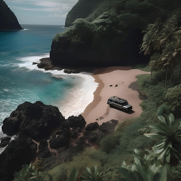 Free photo aerial view of a motor boat on the beach in hawaii