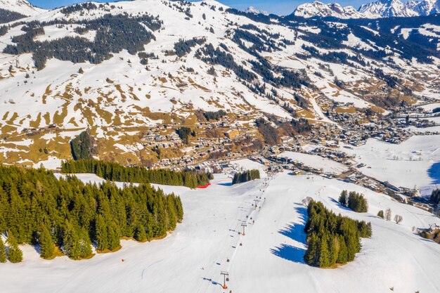 Aerial view of a mountains ski resort Solden Austria