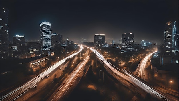 Бесплатное фото Вид с воздуха на ночное шоссе с быстро движущимися автомобилями