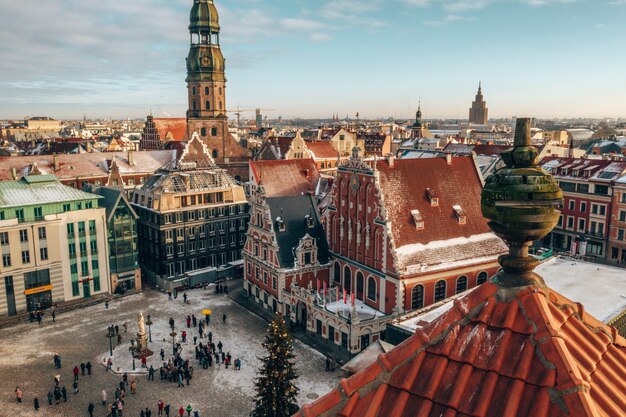 Aerial view of the old buildings in Riga, Latvia in winter