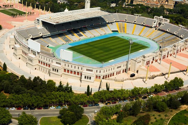 バルセロナのオリンピックスタジアムの航空写真。スペイン