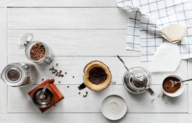 Aerial view of people making drip coffee