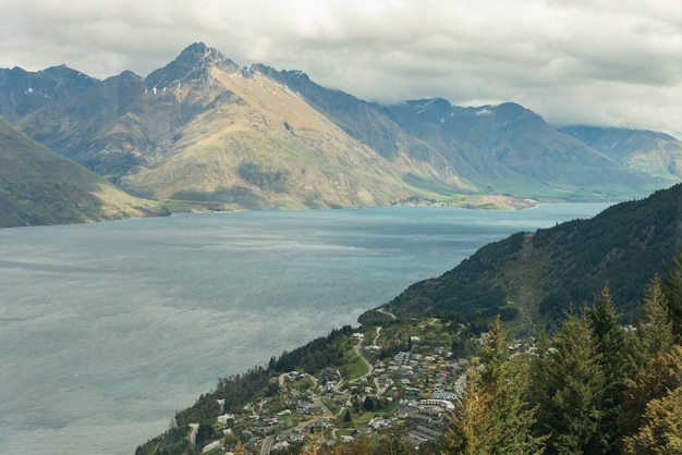 Aerial view of Queenstown in South Island, New Zealand. Cityscape and Landscape of queenstown with lake Wakatipu from top, new zealand, south island.