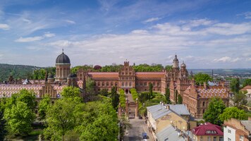 Aerial view of residence of bukovinian and dalmatian metropolitans. chernivtsi national university. chernivtsi touristic destination of western ukraine.