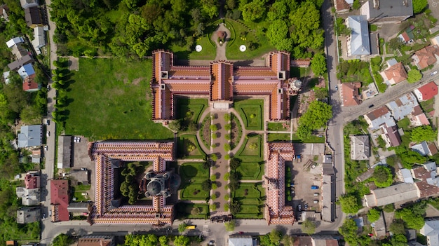 Aerial view of Residence of Bukovinian and Dalmatian Metropolitans. Chernivtsi National University. Chernivtsi touristic destination of Western Ukraine.