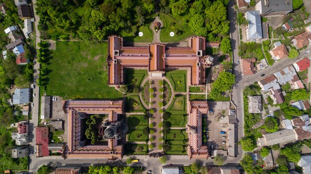 Aerial view of Residence of Bukovinian and Dalmatian Metropolitans. Chernivtsi National University. Chernivtsi touristic destination of Western Ukraine.