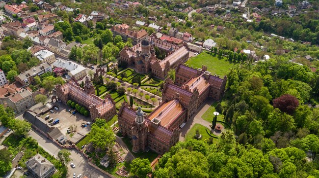 Aerial view of Residence of Bukovinian and Dalmatian Metropolitans. Chernivtsi National University. Chernivtsi touristic destination of Western Ukraine.