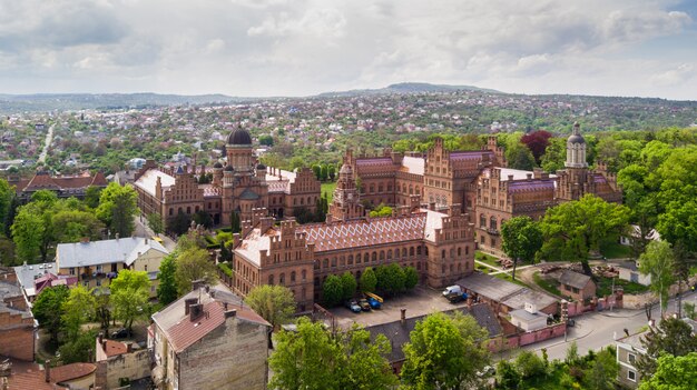 Aerial view of Residence of Bukovinian and Dalmatian Metropolitans. Chernivtsi National University. Chernivtsi touristic destination of Western Ukraine.