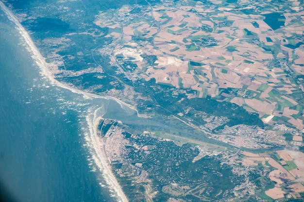 Aerial view of the River Somme estuary and Abbeville, France