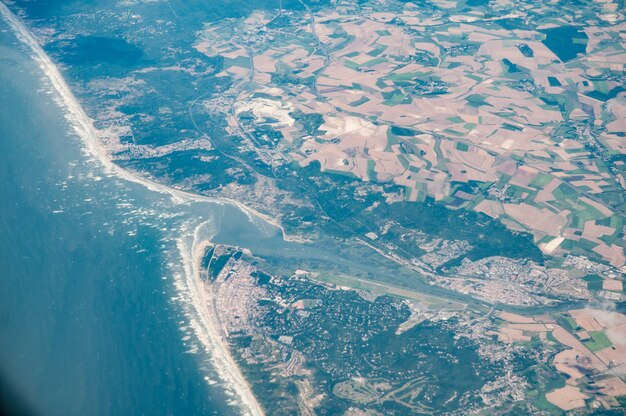 Aerial view of the River Somme estuary and Abbeville, France
