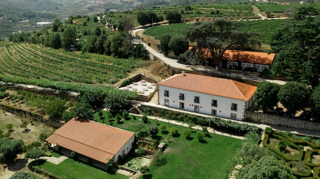 Aerial view to rural landscape and big mansion