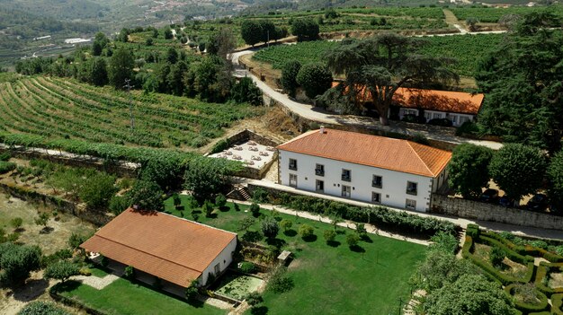 Aerial view to rural landscape and big mansion