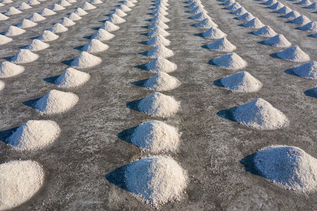 Aerial view of Salt in salt farm ready for harvest, Thailand