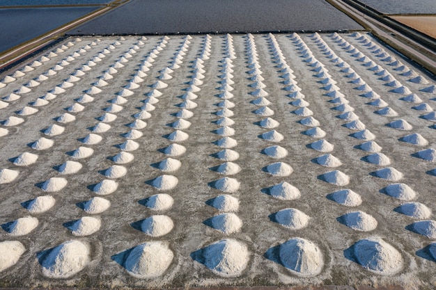 Aerial view of Salt in salt farm ready for harvest, Thailand