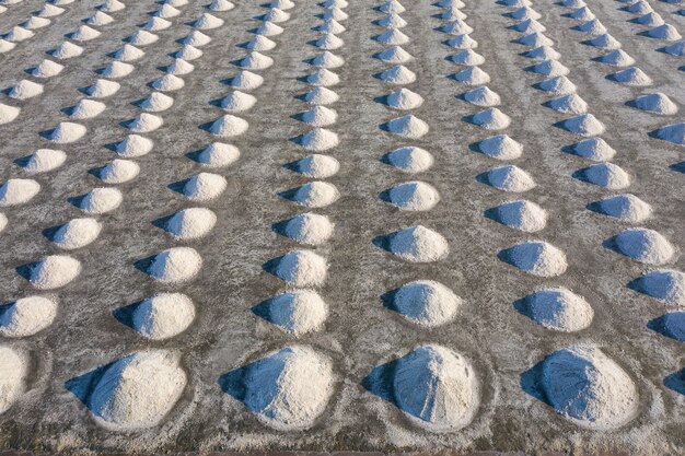 Aerial view of Salt in salt farm ready for harvest, Thailand