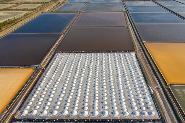 Aerial view of Salt in salt farm ready for harvest, Thailand