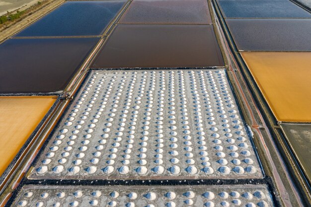 Aerial view of Salt in salt farm ready for harvest, Thailand