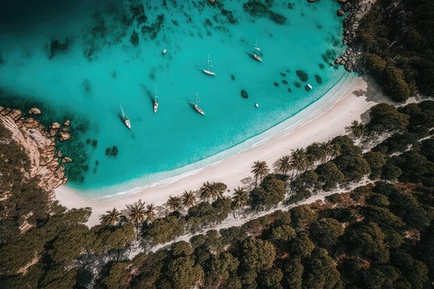 ビーチと森のある海岸の空撮 砂と水のある海岸線 熱帯の風景 AI ジェネレーティブ