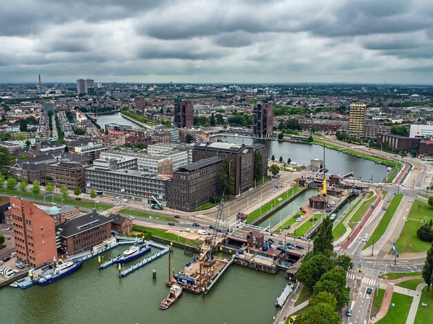 Aerial view shot of Rotterdam city in the Netherlands