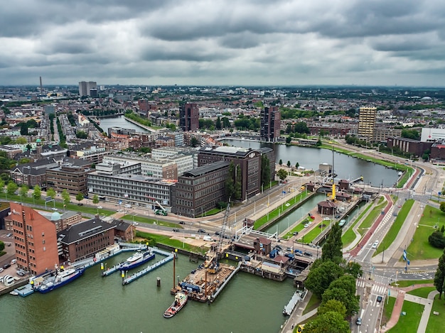 Aerial view shot of Rotterdam city in the Netherlands