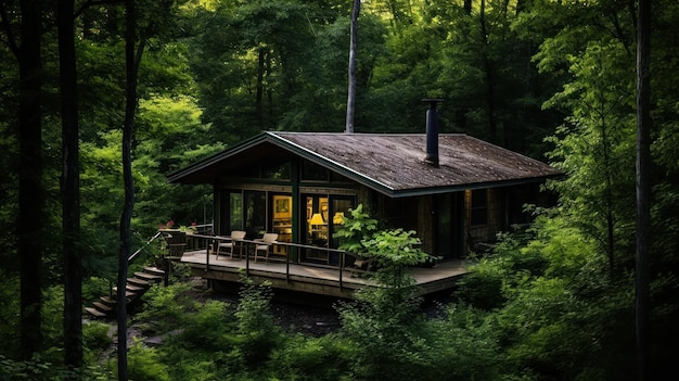 密集した森の緑に隠された小さな小屋の空中写真