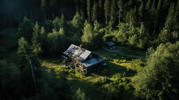 Aerial view of a small forest cabin