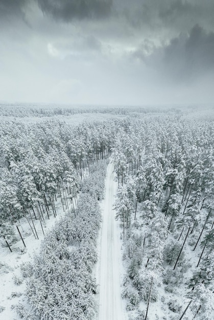 Aerial view of the snow-covered road in the forest on a winter day