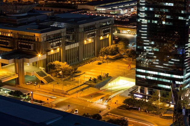 Aerial view of streets and office building in business district