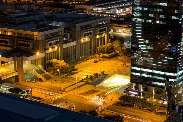 Aerial view of streets and office building in business district