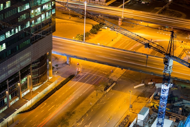 Aerial view of streets and office building in business district