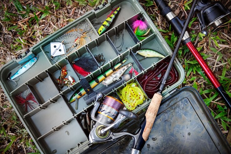 Free Photo aerial view of tackle box on the ground