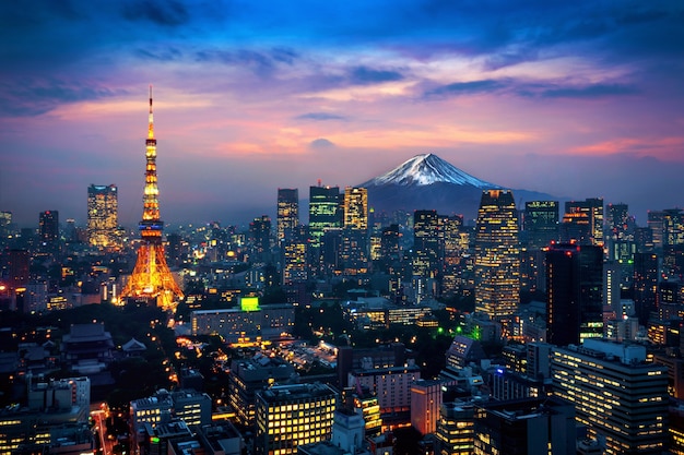 Vista aerea del paesaggio urbano di tokyo con il monte fuji in giappone.
