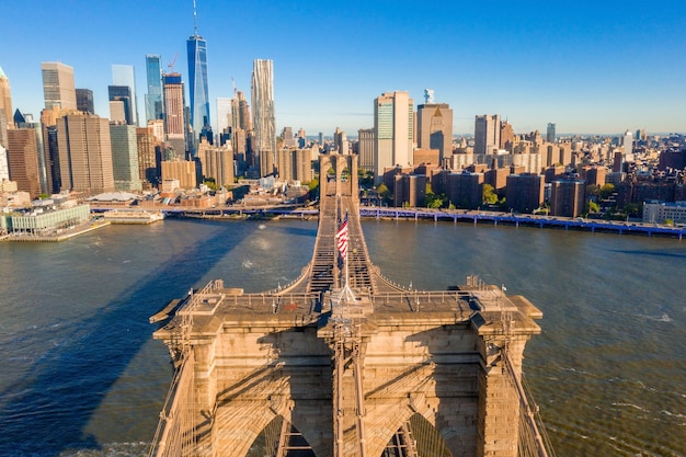 Aerial view of the top of the Brooklyn Bridge and the New York City skyline