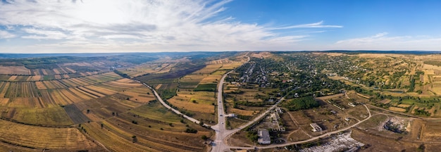 Aerial view of village fields with cross roads