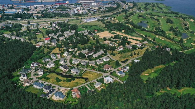 Aerial view of village near the sea